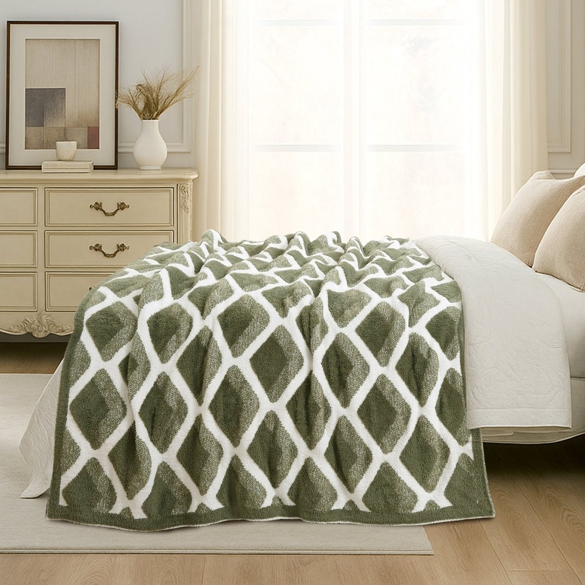 Diamond Feather Yarn Throw Blanket in Green styled on a bed, highlighting soft texture and elegant diamond pattern in a bright bedroom setting. #color_Oliver Green