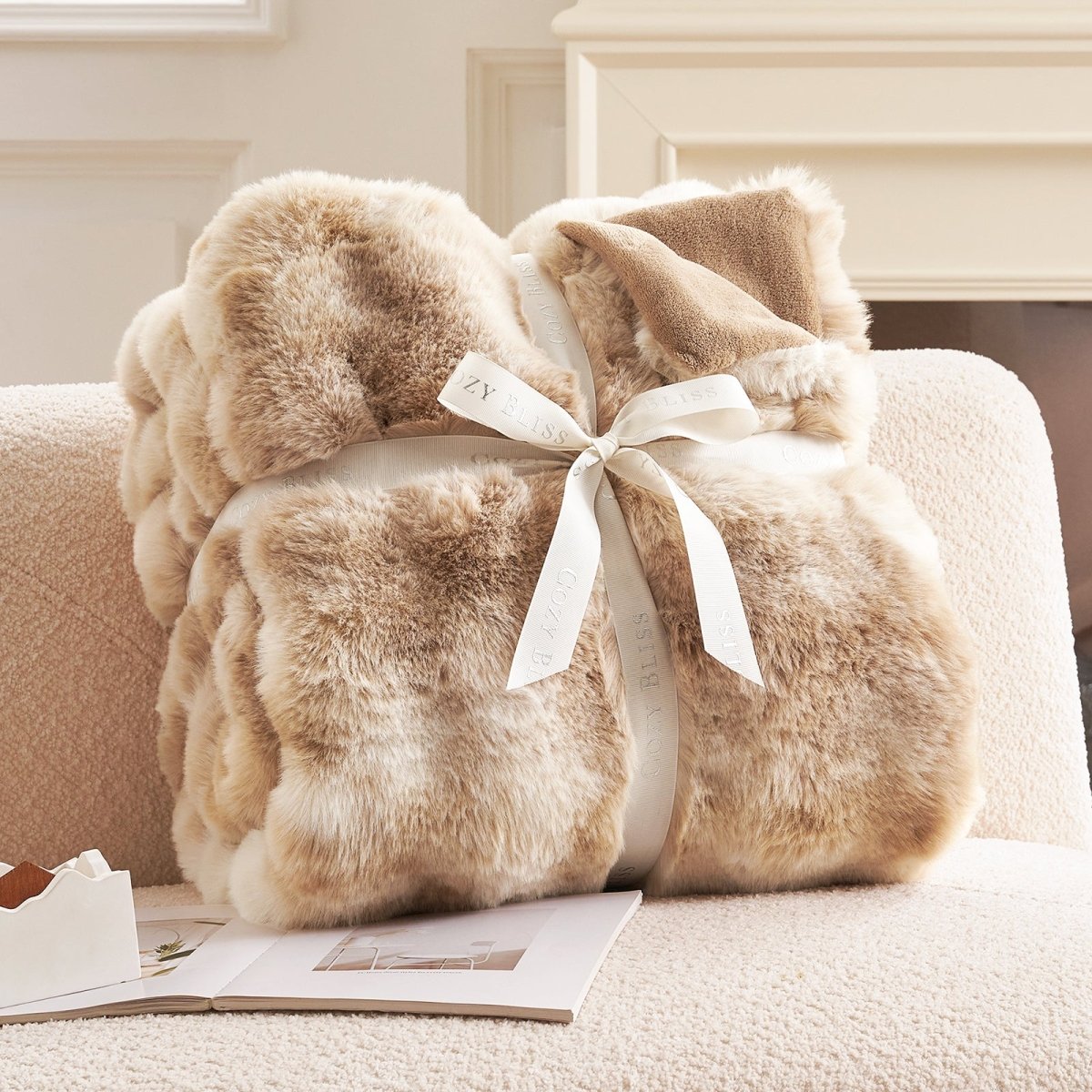 Cozy Bliss Faux Fur Throw Blanket in beige, tied with a ribbon, perfect for gift #Color_Tie-dye Beige