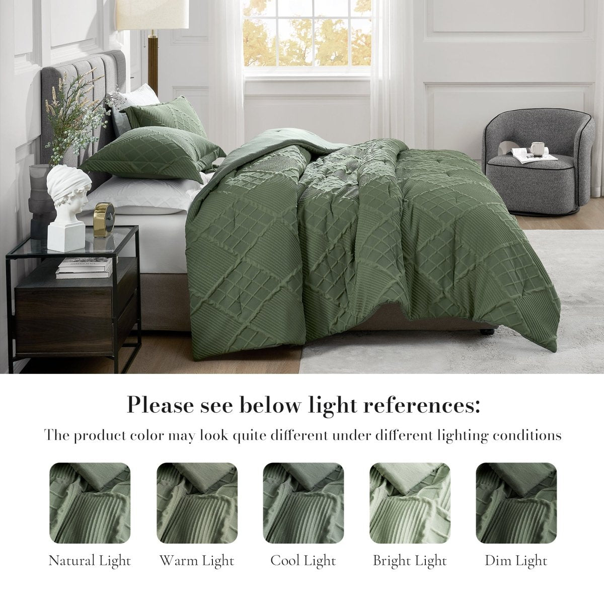 Diamond jacquard comforter set shown under different lighting conditions for color reference #color_Oliver Green