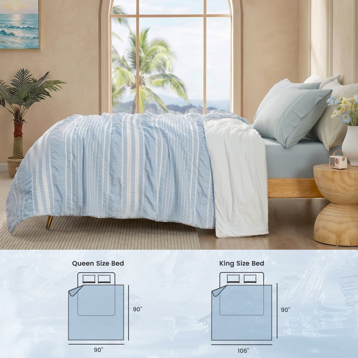 Cozy Bliss cooling comforter in Sky Blue displayed with queen and king size reference #color_Sky Blue