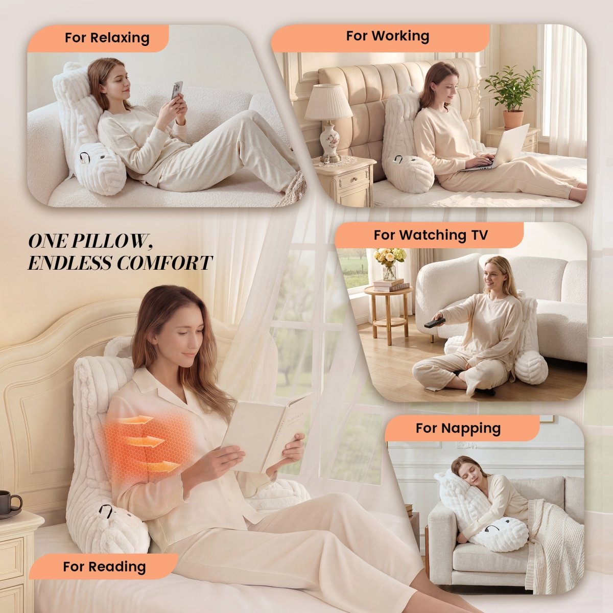 Woman using a electric heated backrest reading pillow in various settings for relaxing, working, watching TV, napping, and reading. #color_Ivory