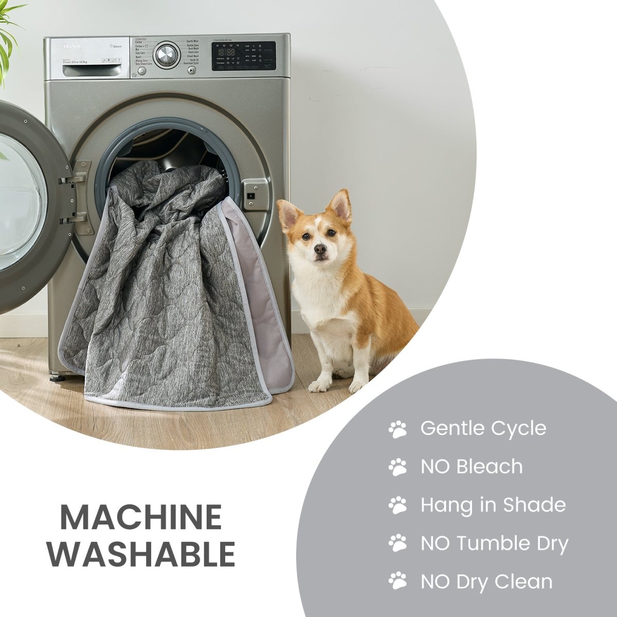 Machine washable cooling blanket for pets with washing instructions for easy care at home.#color_Dark Grey