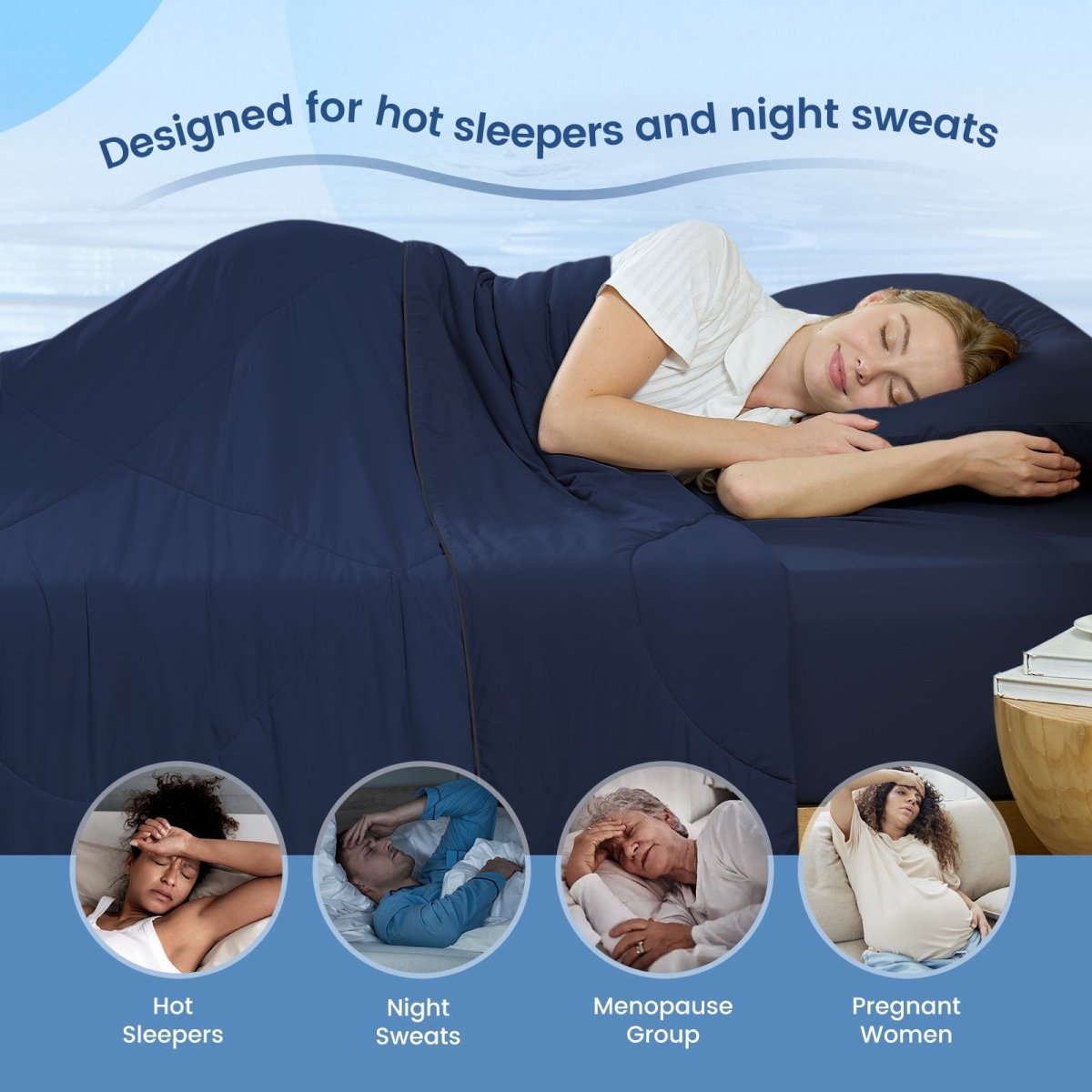 Women sleeping with Cozy Bliss cooling blanket, perfect for hot sleepers, night sweats, menopause group and pregnant women. #Color_Navy Blue