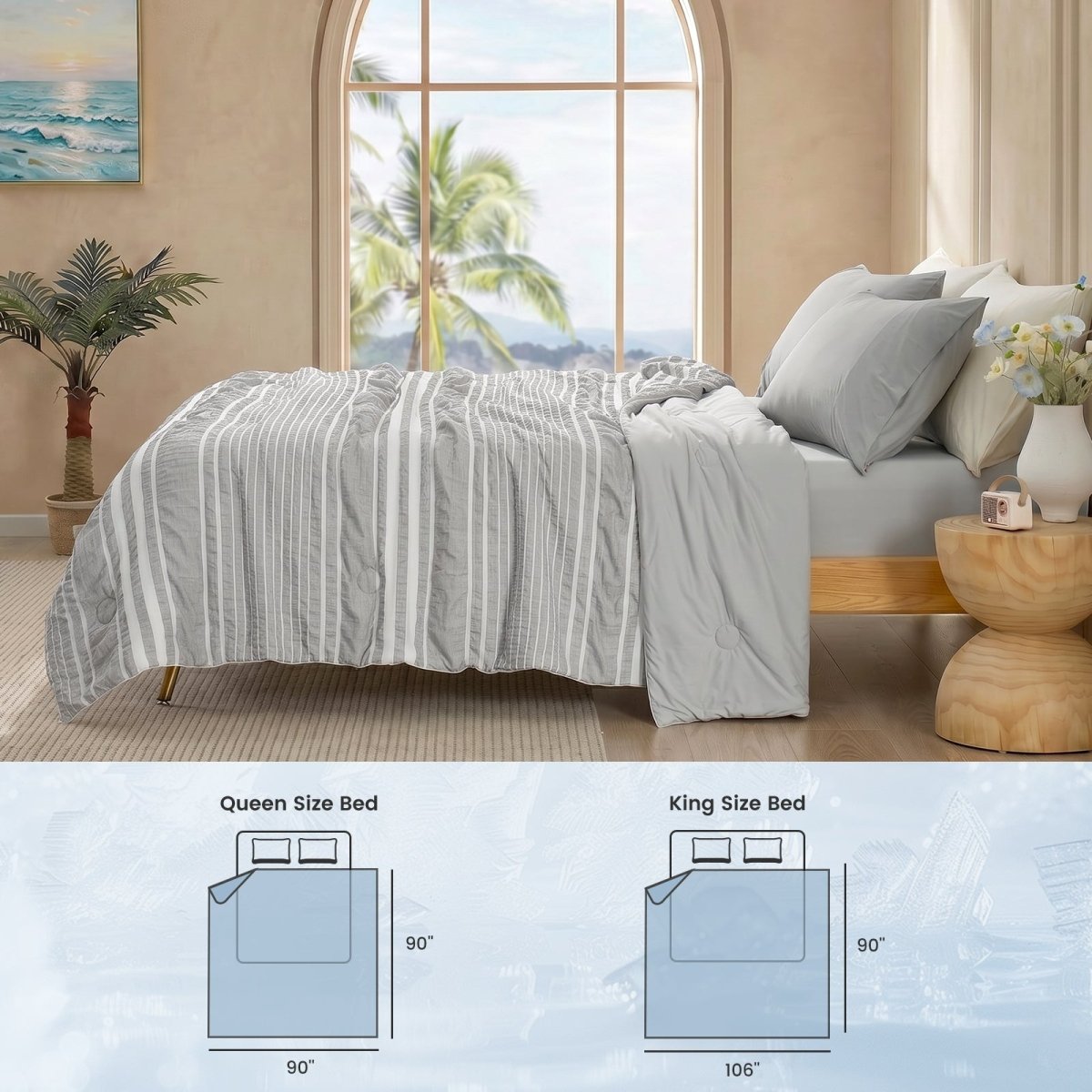 Cozy Bliss cooling comforter in Light Grey displayed with queen and king size reference #color_Light Grey