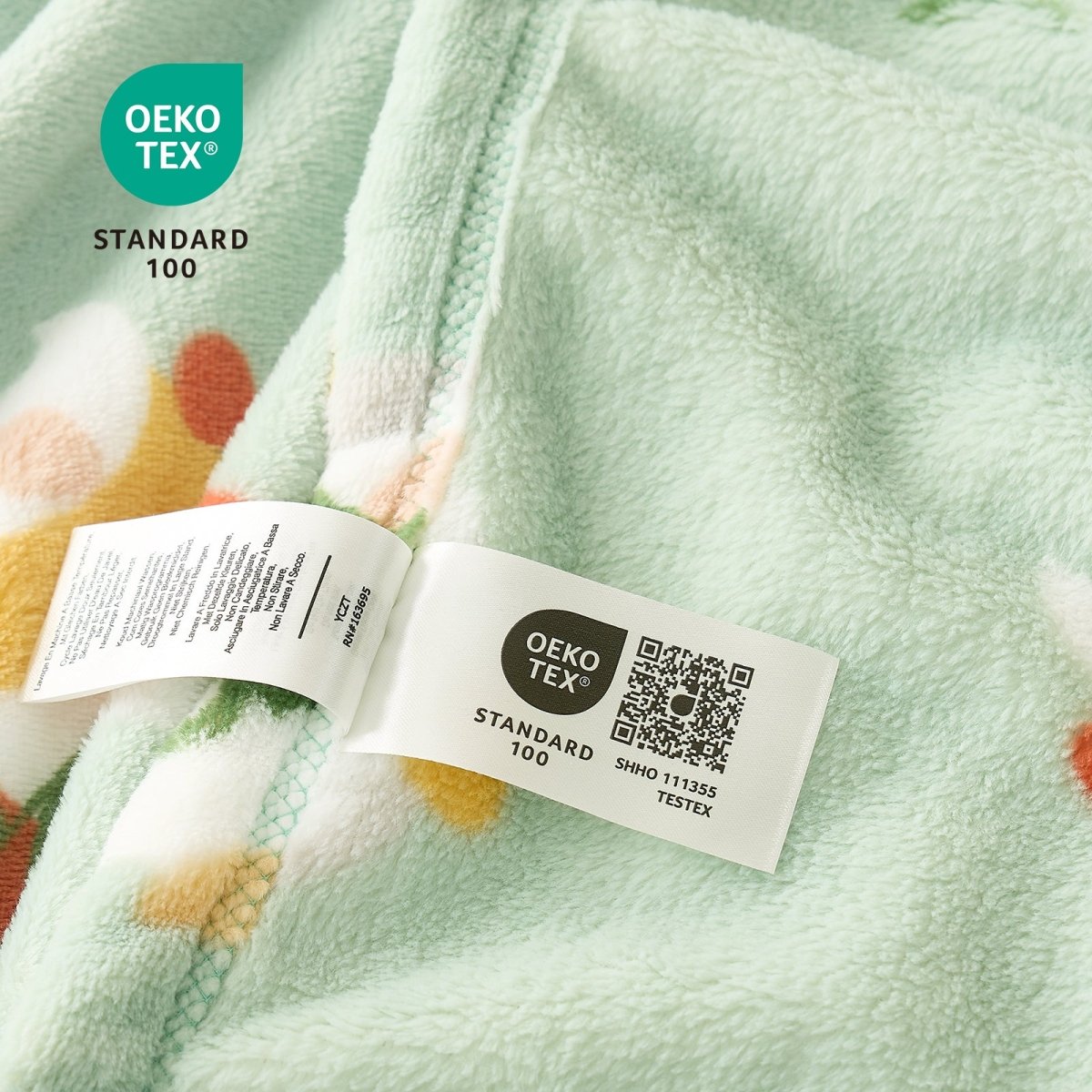Close up of spring gnomes milkyplush throw blanket in Green, showcasing soft fabric and OEKO TEX STANDARD 100 certification #color_Sage Green