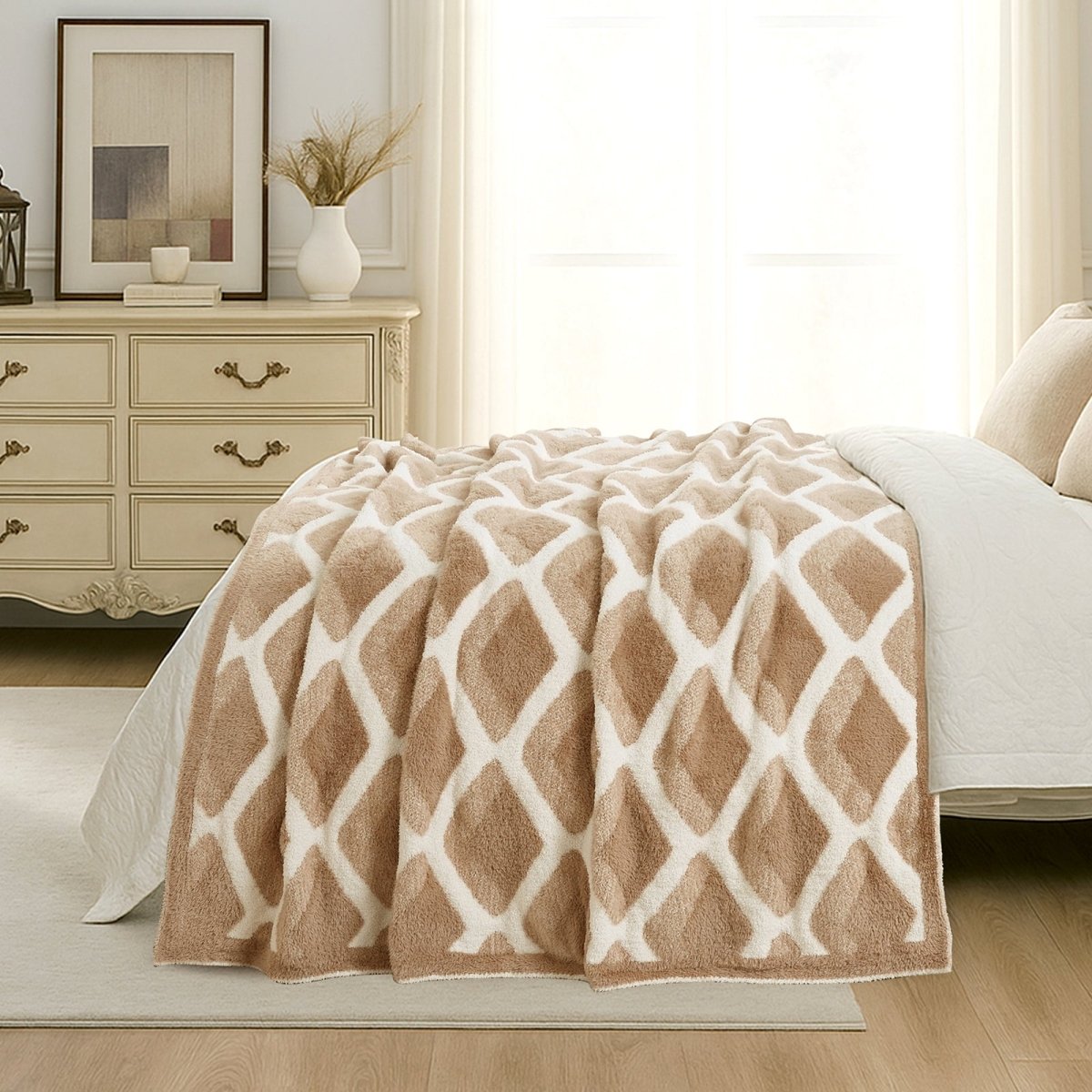Diamond Feather Yarn Throw Blanket in Beige styled on a bed, highlighting soft texture and elegant diamond pattern in a bright bedroom setting. #color_Beige