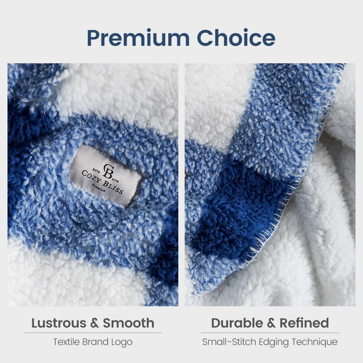 Close up of buffalo sherpa throw blanket in Buffalo Plaid-navy blue, showcasing smooth surface and refined stitching #color_Buffalo Plaid-navy blue