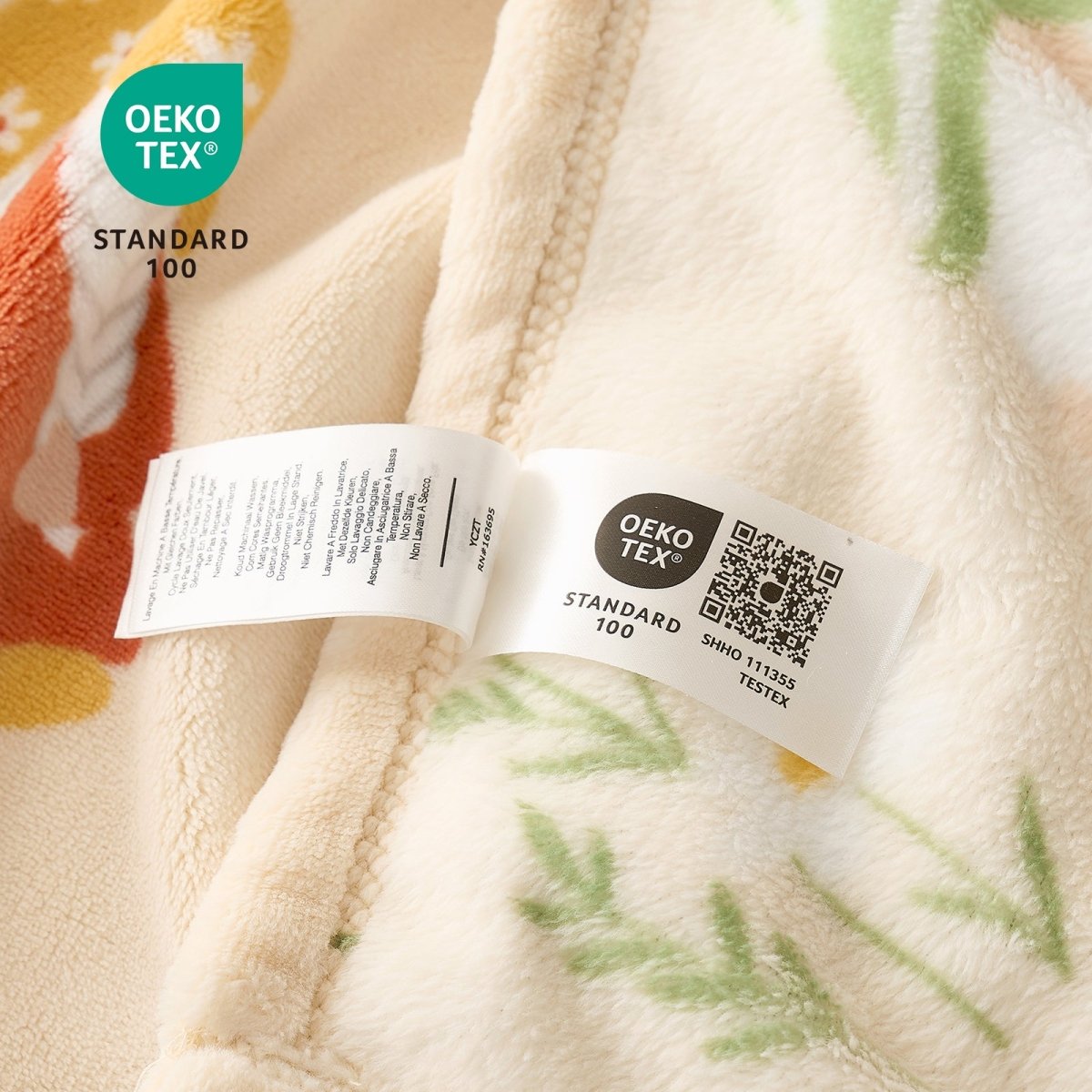 Close up of spring gnomes milkyplush throw blanket in Beige, showcasing soft fabric and OEKO TEX STANDARD 100 certification #color_Beige