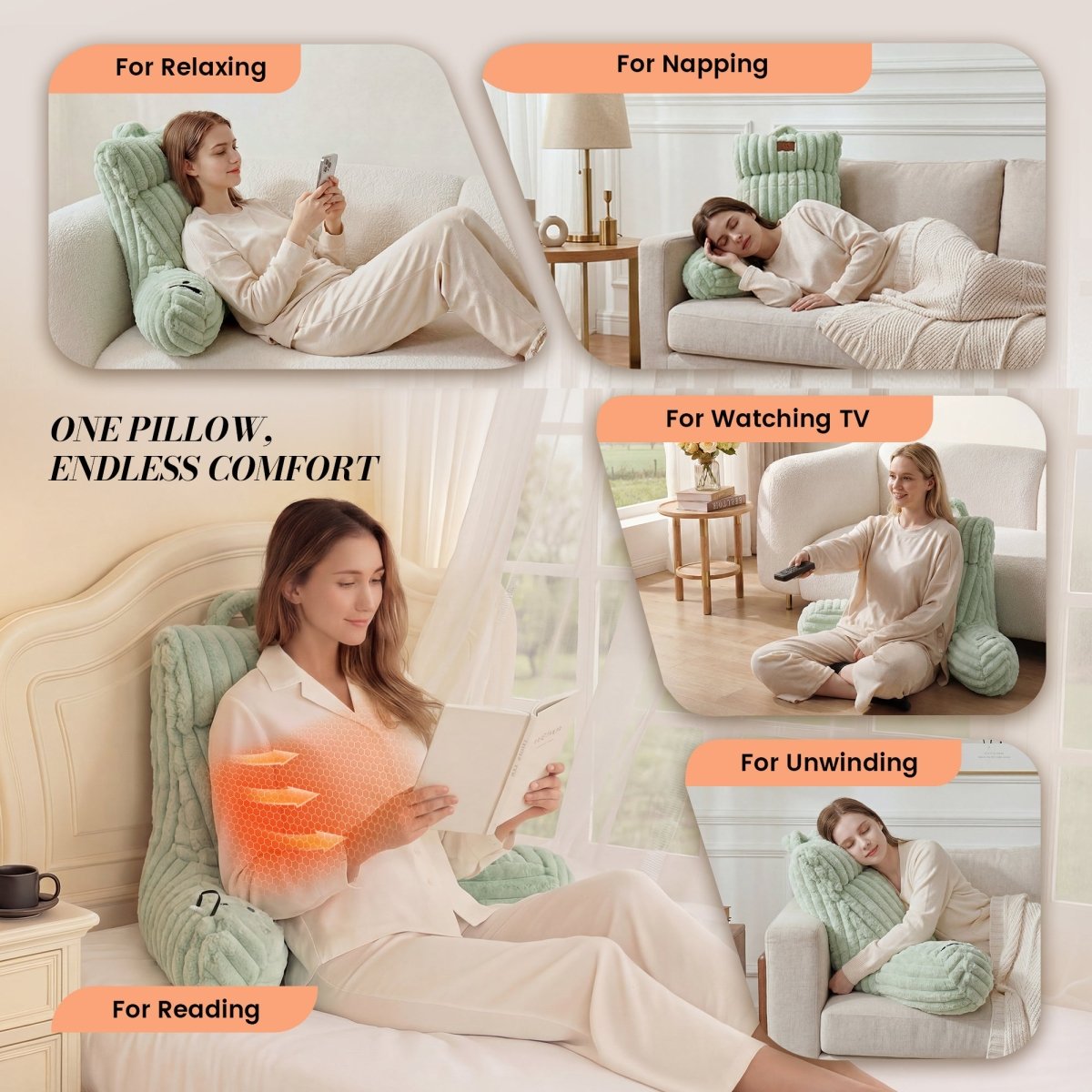 Woman using a electric heated backrest reading pillow in various settings for relaxing, working, watching TV, napping, and reading. #color_Sage Green