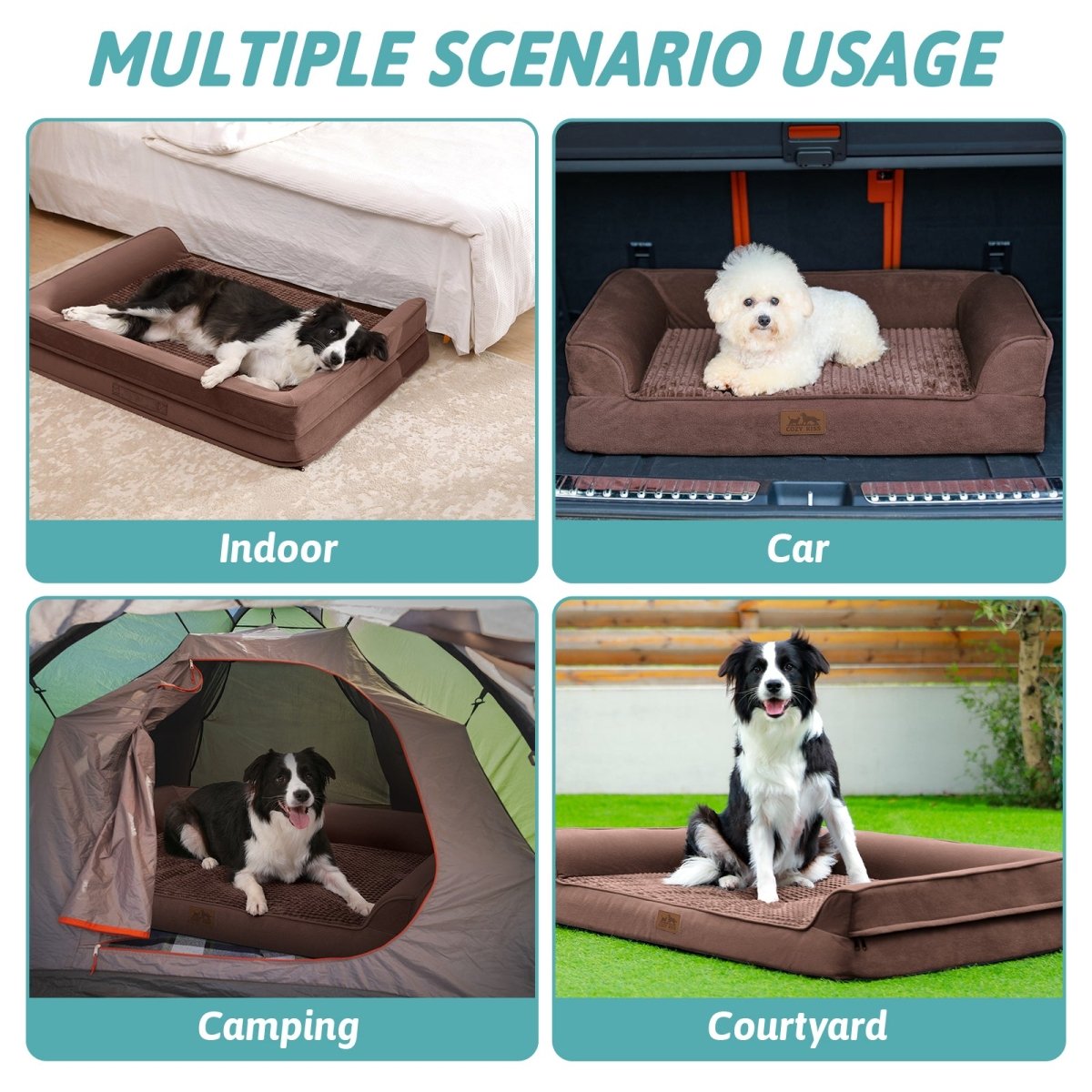 Dog bed used in various scenarios including indoor, car, camping, and courtyard. #Color_Brown