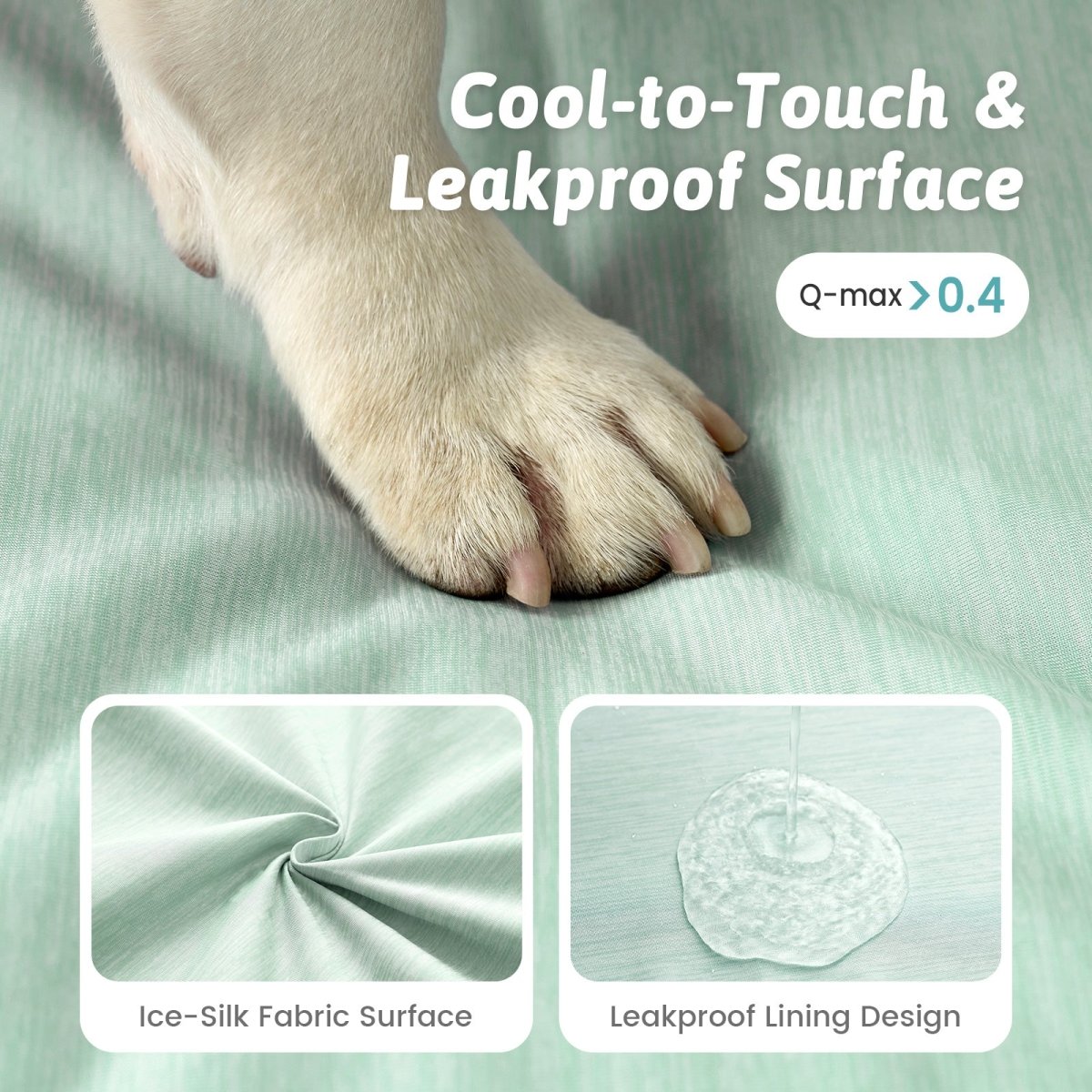 Dog paw on a cool-to-touch and leakproof surface with fabric and lining details.#color_Light Mint Green