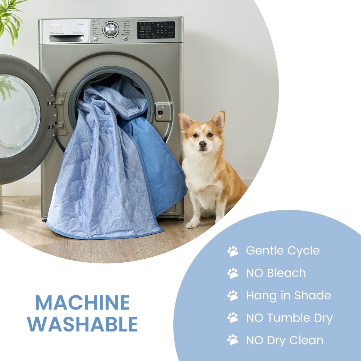 Machine washable cooling blanket for pets with washing instructions for easy care at home.#color_Blue