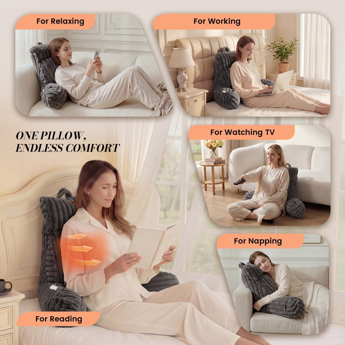 Woman using a reading pillow in various settings for relaxing, working, watching TV, napping, and reading.#color_Dark Grey