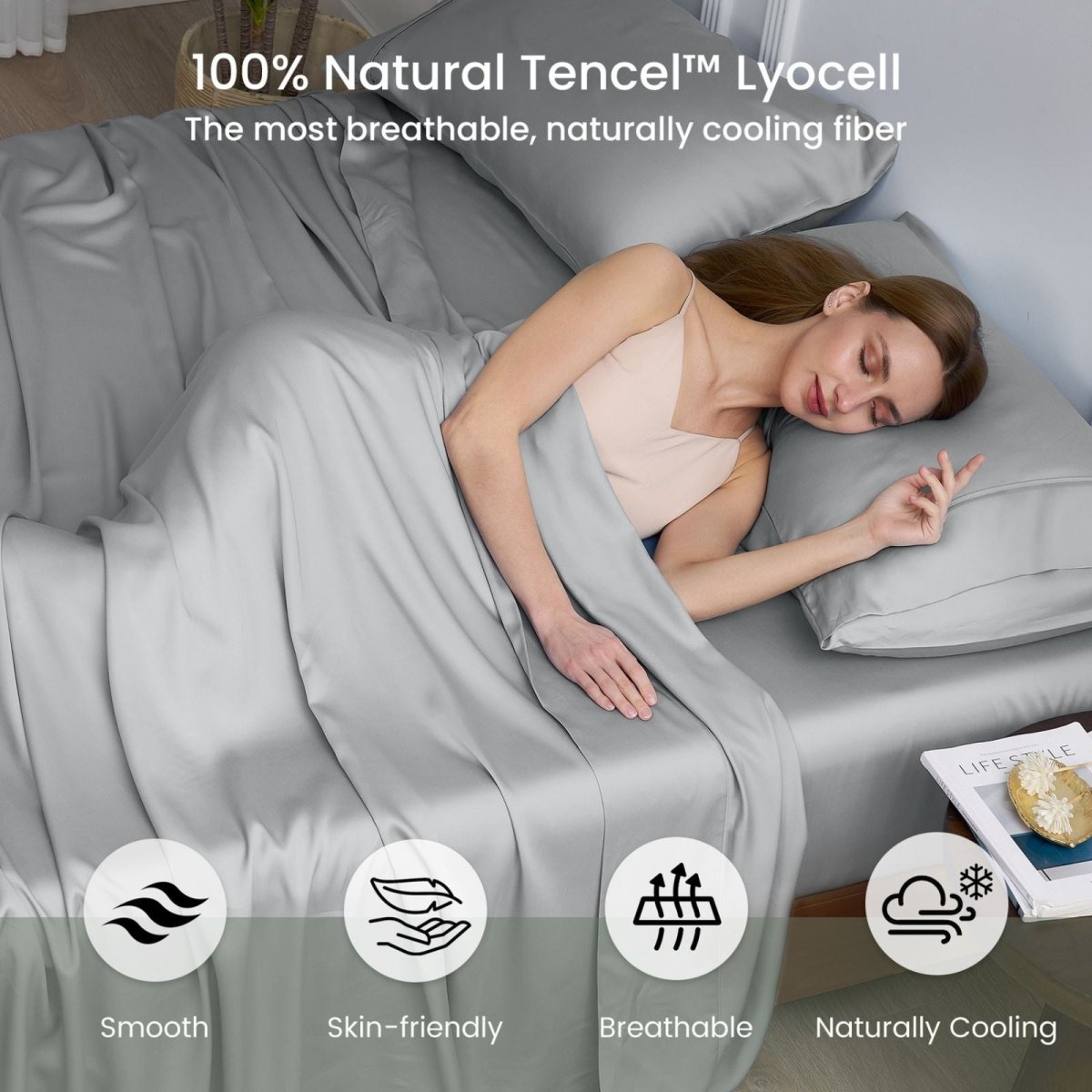 Adult sleeping on Cozy Bliss Tencel™ Eco-friendly Silky Sheet Set, illustrating breathable, skin-friendly, naturally cooling comfort. #color_Grey