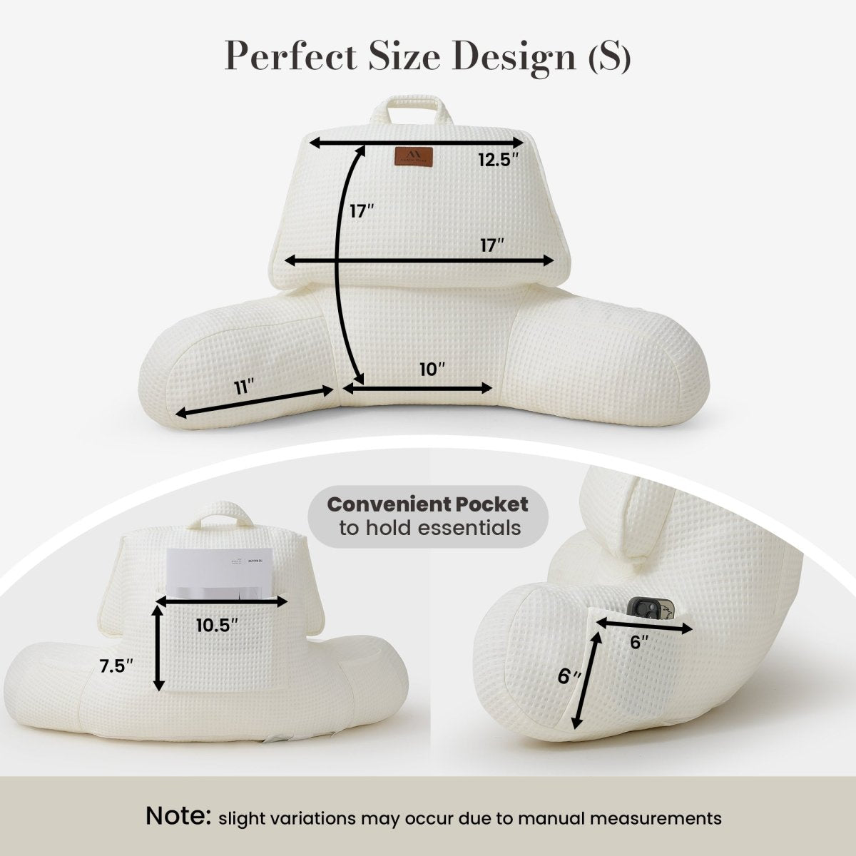 Small Size measurement of Cozy Bliss Ivory backrest reading pillow. #color_Ivory