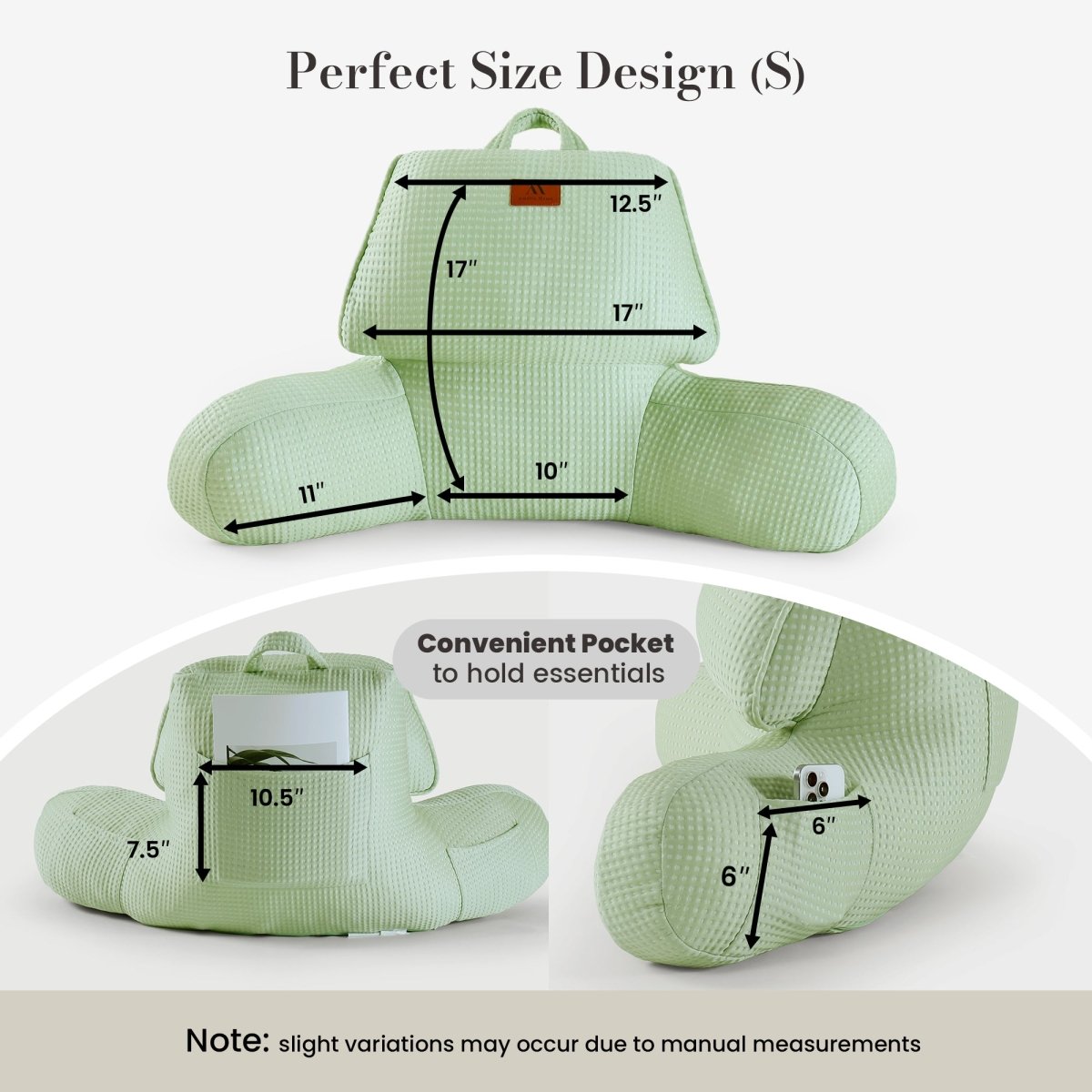 Small Size measurement of Cozy Bliss sage green backrest reading pillow. #color_Sage Green