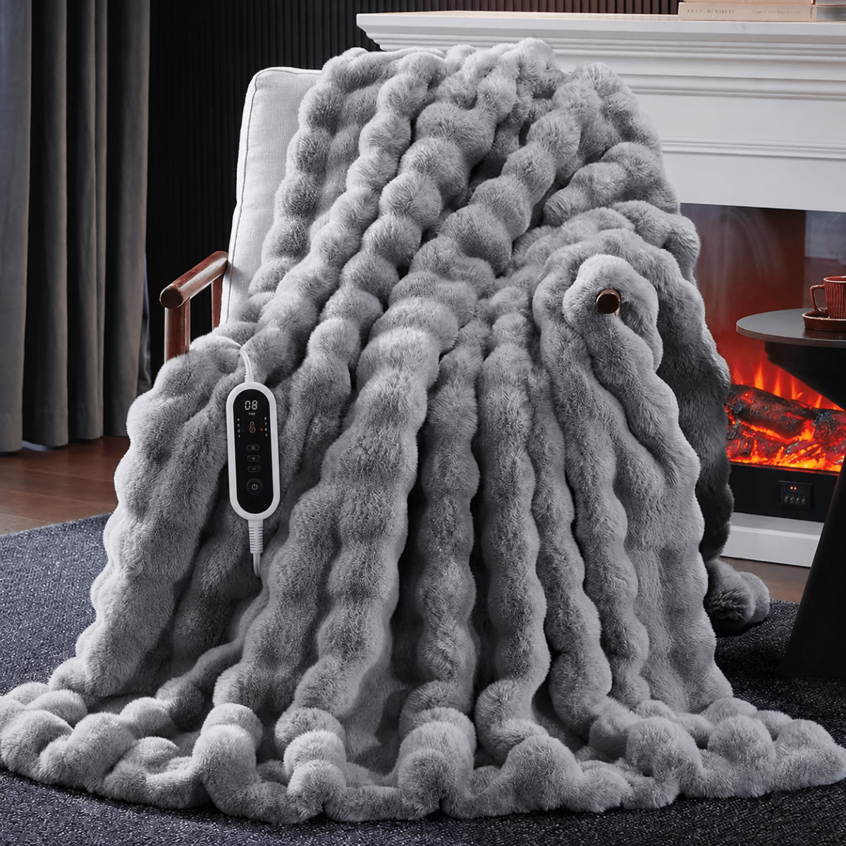 COZY BLISS Bubble Faux Fur Electric Blanket in light grey front view. #color_Light Grey