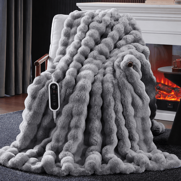 Grey Faux Fur Electric Blanket Heated Throw for Couch Bed | Cozy Bliss