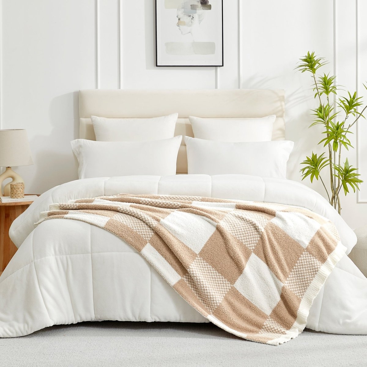 Checkered Feather Yarn Throw Blanket in Beige & White styled on a bed, adding a warm and elegant layered look. #color_Beige & White