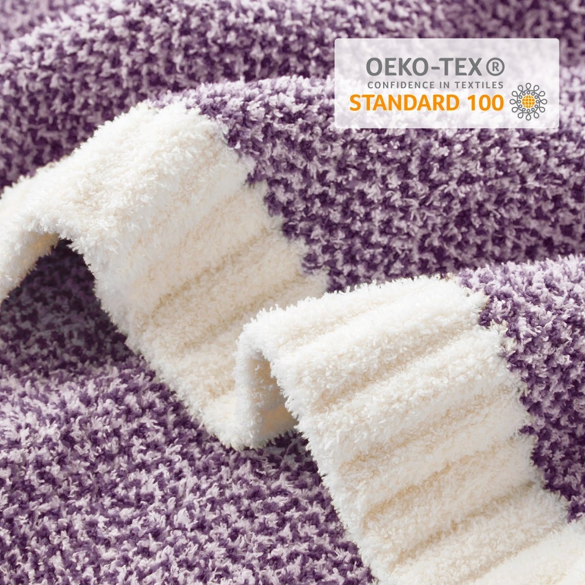 Close-up of Heather Feather Yarn Throw Blanket in Lilac showcasing plush texture and OEKO-TEX STANDARD 100 certification. #color_Lilac