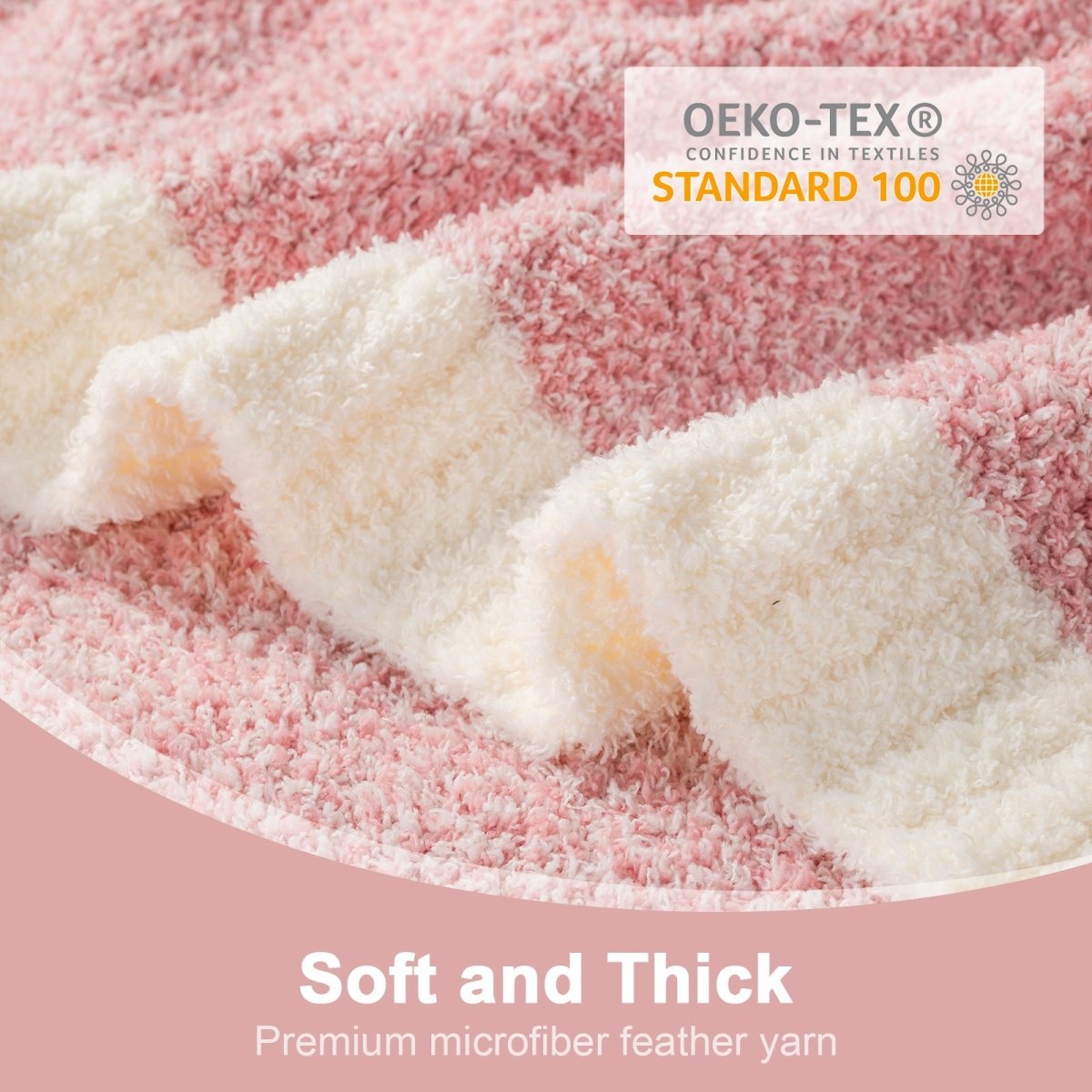Close-up of Heather Feather Yarn Throw Blanket in Pink showcasing plush texture and OEKO-TEX STANDARD 100 certification. #color_Pink