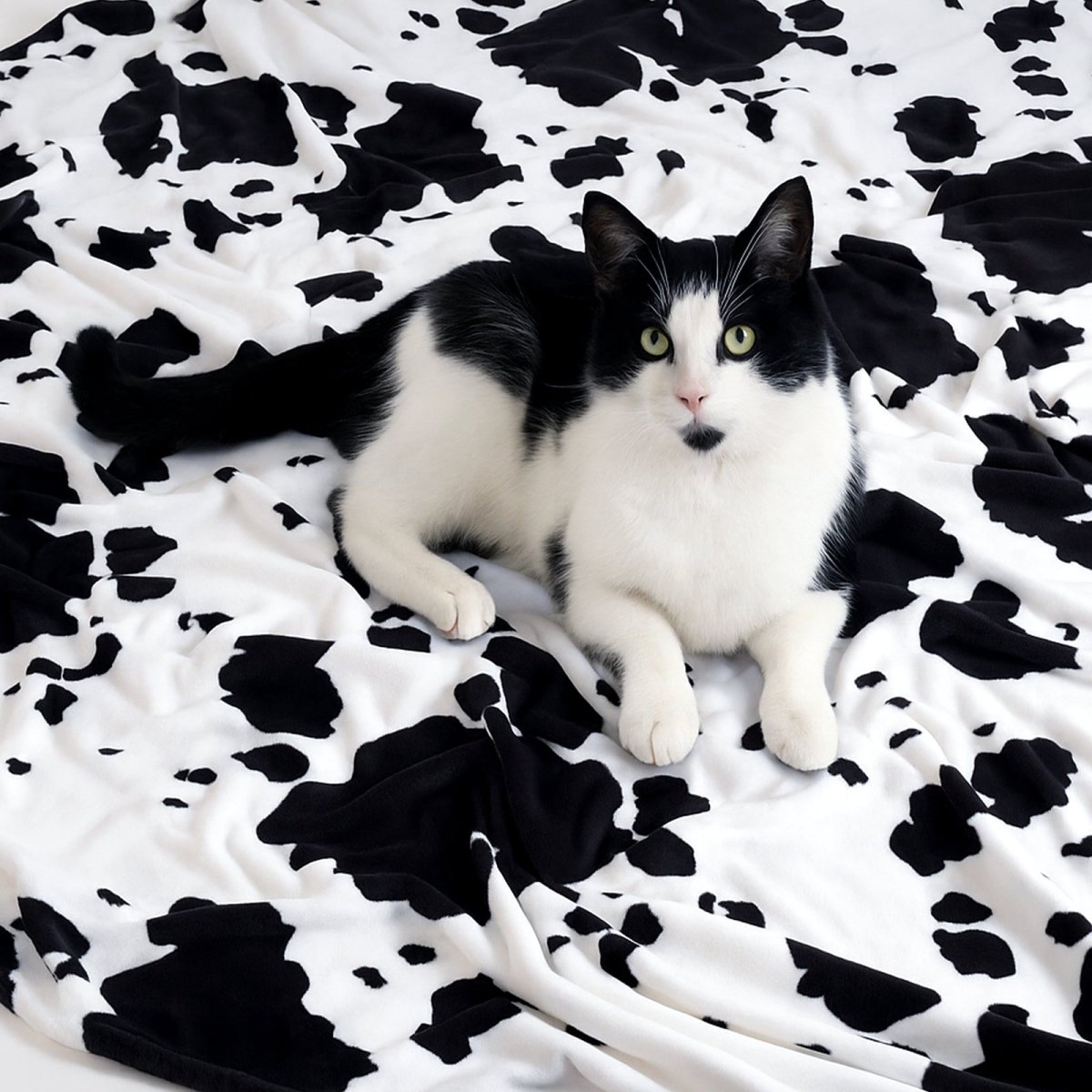 Black and white cat lying on a cow print blanket #color_Black & White