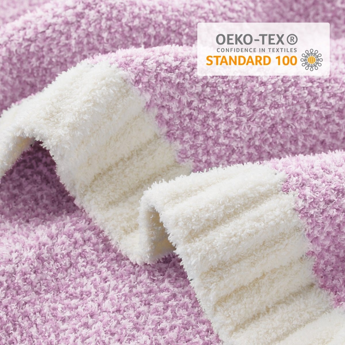 Close-up of Heather Feather Yarn Throw Blanket in Purple showcasing plush texture and OEKO-TEX STANDARD 100 certification. #color_Purple