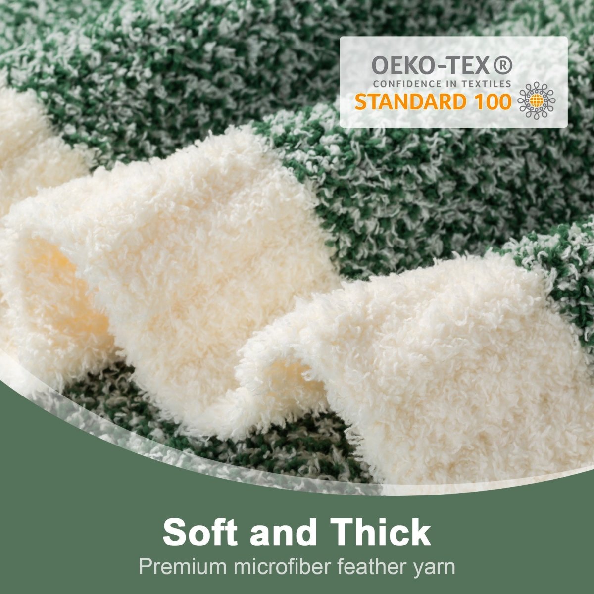 Close-up of Heather Feather Yarn Throw Blanket in Heather Green showcasing plush feather yarn texture and OEKO-TEX STANDARD 100 certification. #color_Heather Green