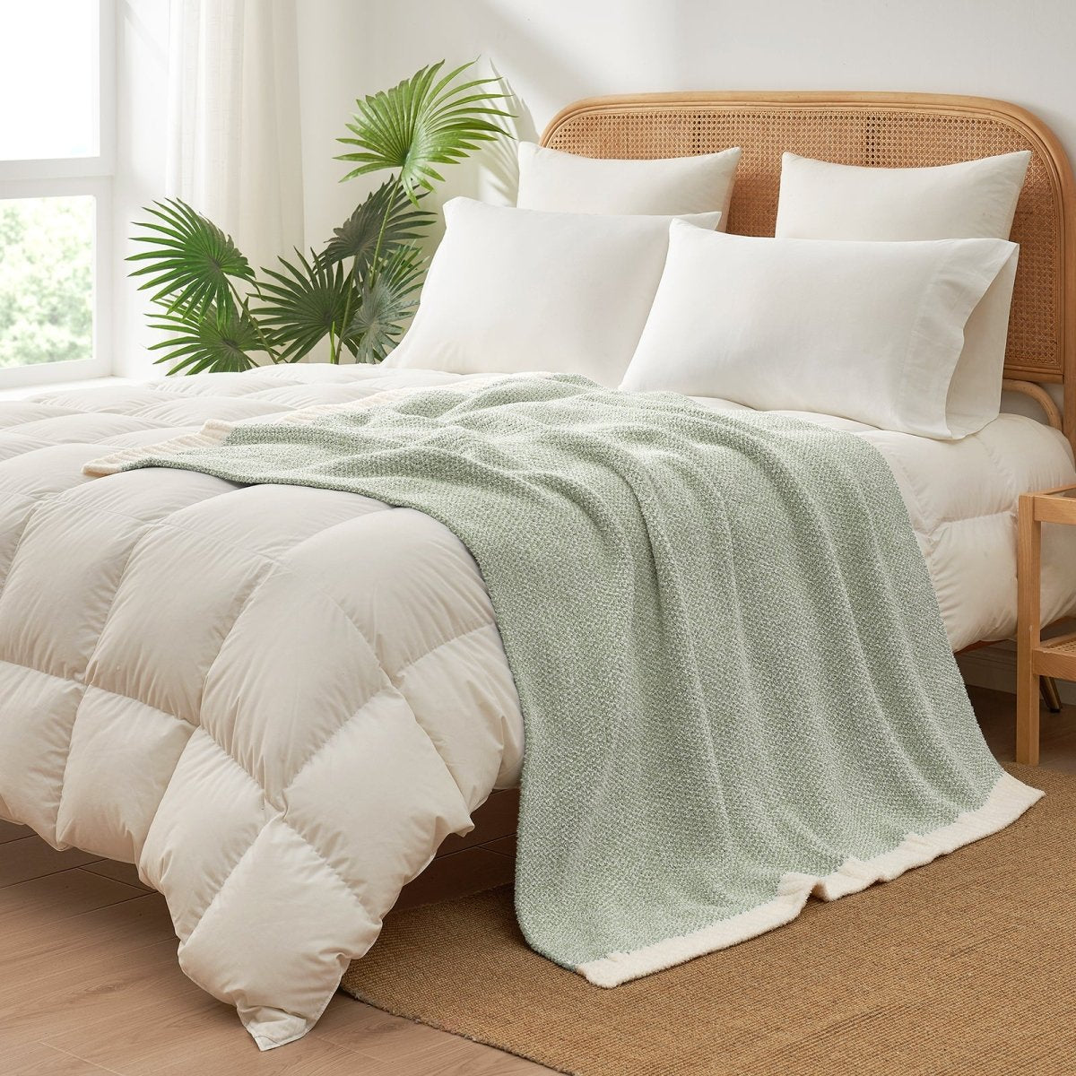 Heather Feather Yarn Throw Blanket in sage green styled on a bed, enhancing bedroom decor with a soft, elegant and cozy layered look. #Color_Sage Green